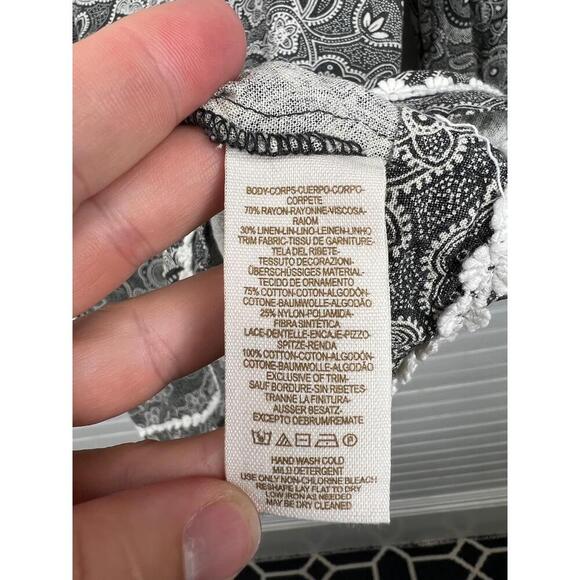Free People Tunic Mini Dress Size 10 Black Beige Paisley Lace Trim Bohemian - Picture 12 of 14